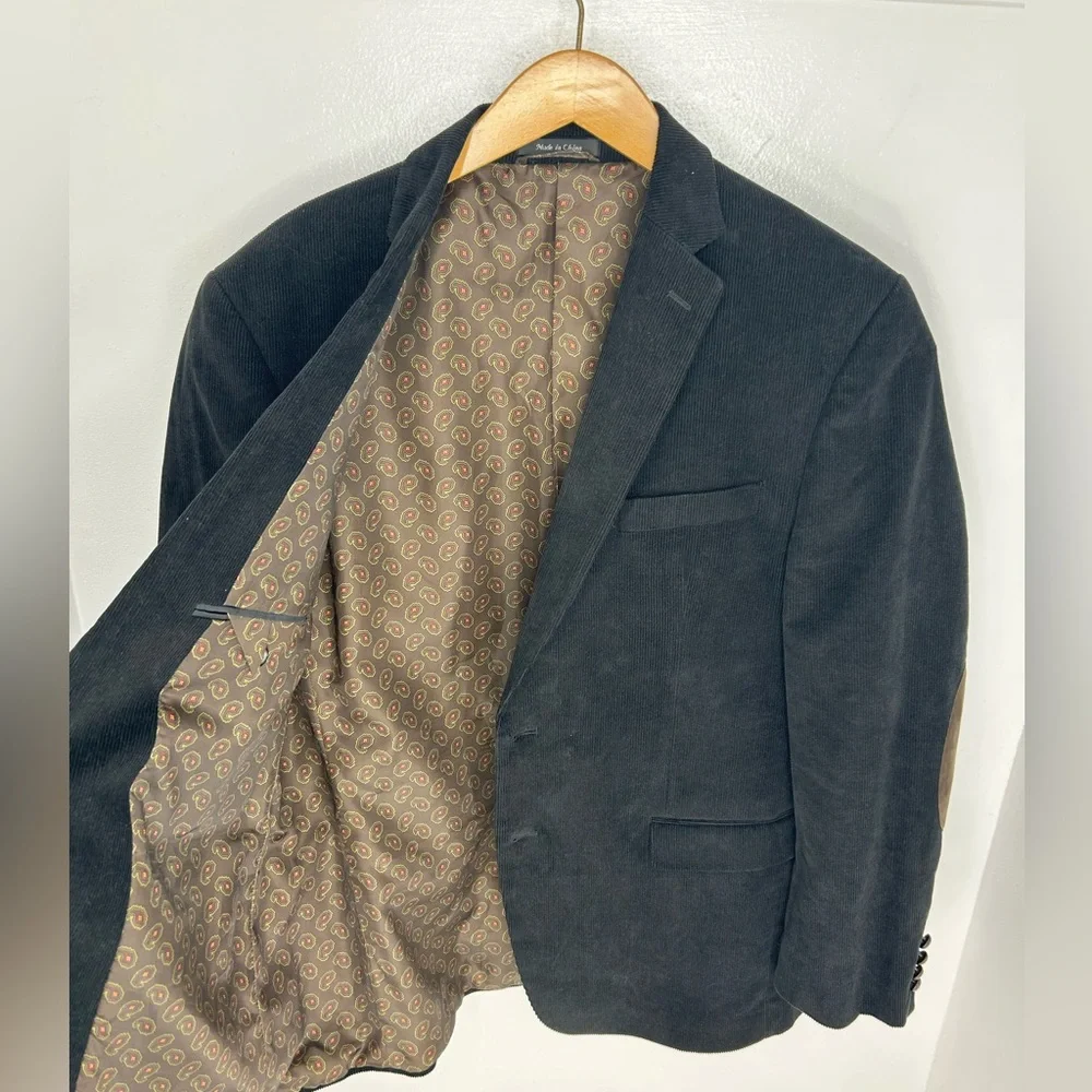CHAPS Black Corduroy Blazer Size 44R Elbow‎ Patches Paisley Lined Sport Coat